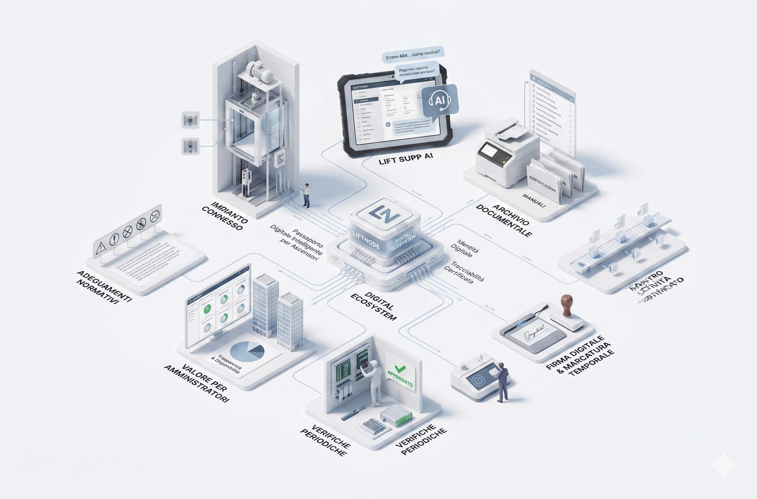 Mappa dell'ecosistema digitale LiftNode: impianto connesso, LiftSupp AI, archivio documentale, verifiche, firma digitale e marcatura temporale